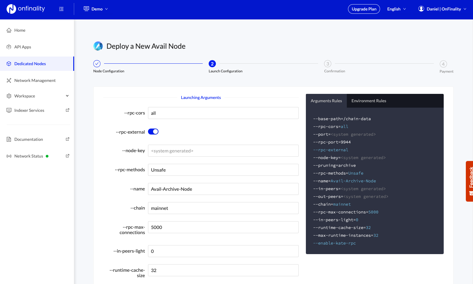 Deploy Avail Node with OnFinality - Review Launch Arguments